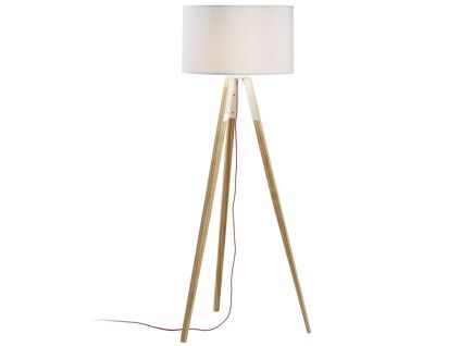 Bílá bavlněná stojací lampa Kave Home Iguazu 157 cm s borovicovou podstavou