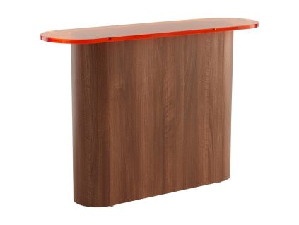Oranžový konzolový stolek LIVI 120 x 35 cm s ořechovou podnoží