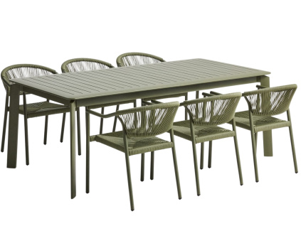 Zelený zahradní set stolu kave home Brela šesti židlí Livadia